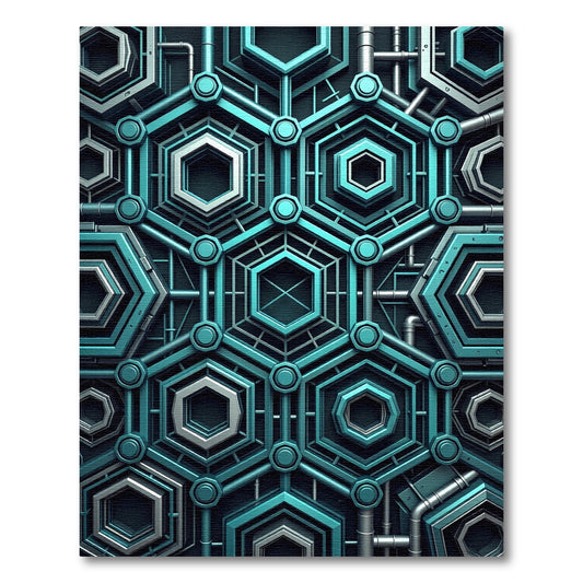 Teal Silver Hexagon Industrial Network Rug