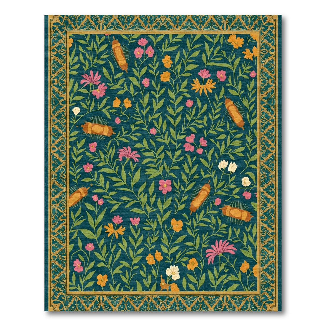 Dark Teal Floral Caterpillar Border Rug