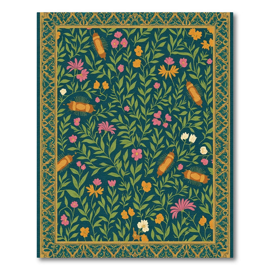 Dark Teal Floral Caterpillar Border Rug