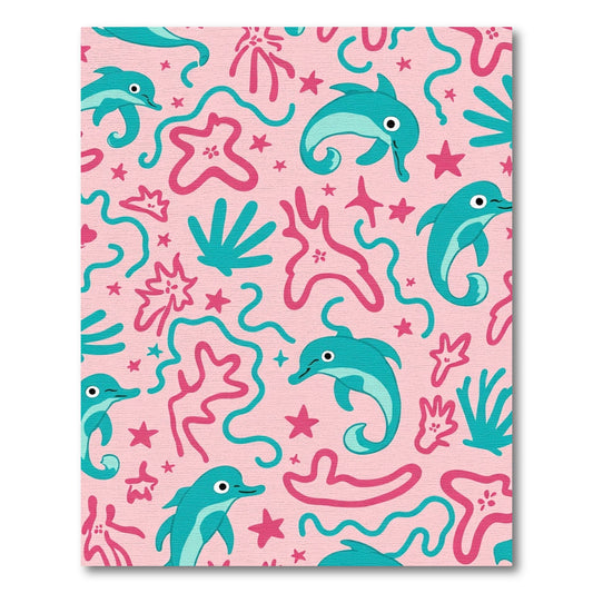 Playful Pink Teal Dolphin Aquatic Scene Rug