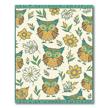 Brown Green Owl Floral Collection Rug