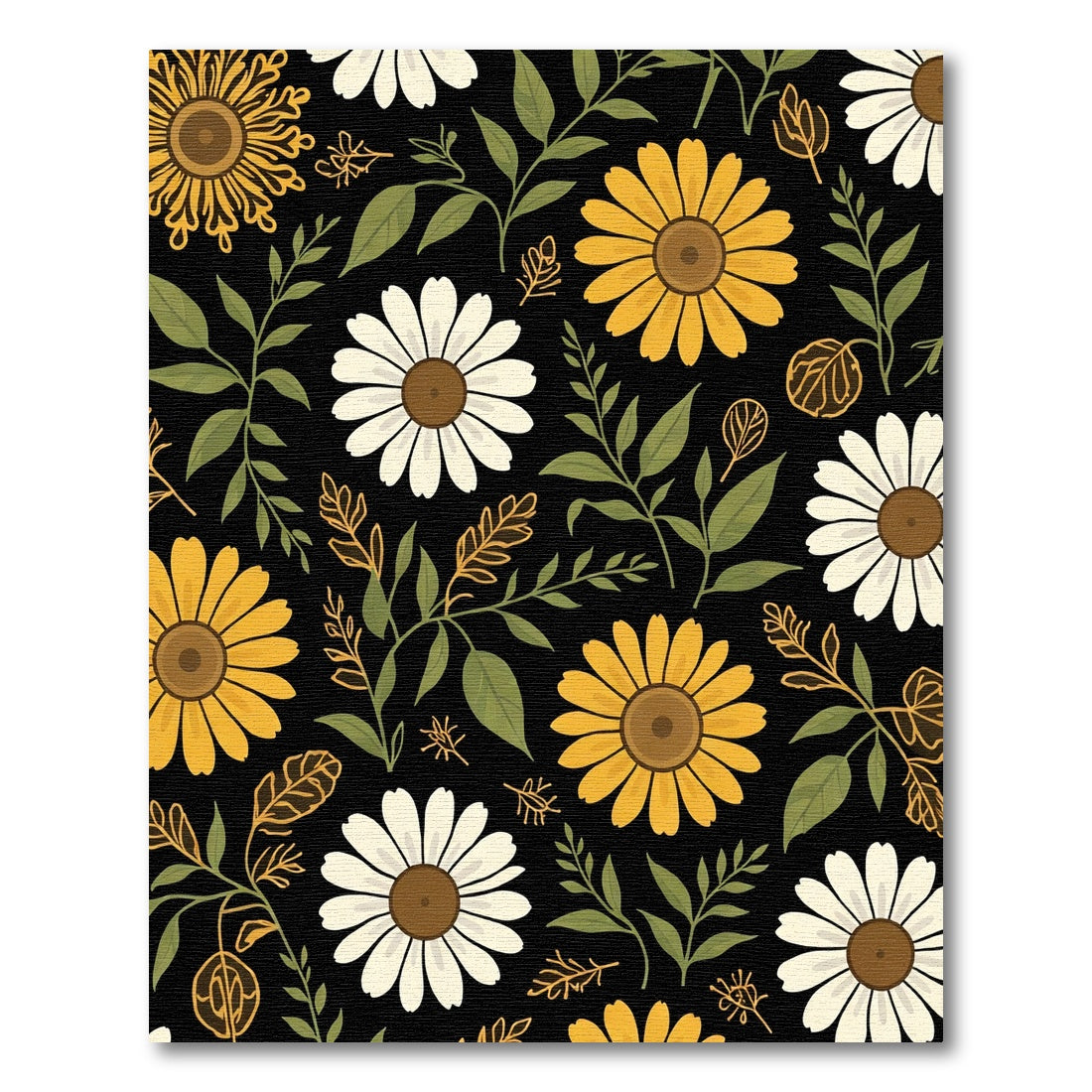 Yellow White Floral Garden Black Background Rug