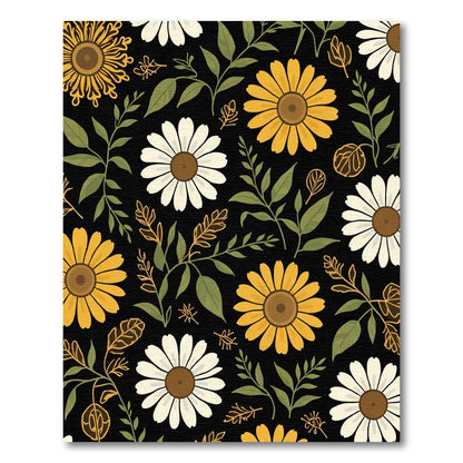 Yellow White Floral Garden Black Background Rug