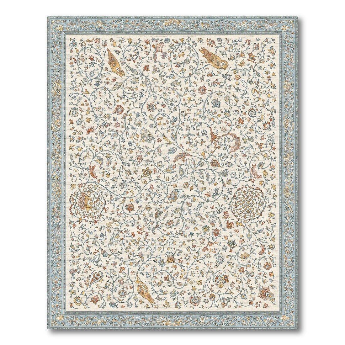 Blue Teal Floral Persian Area Rug with Birds