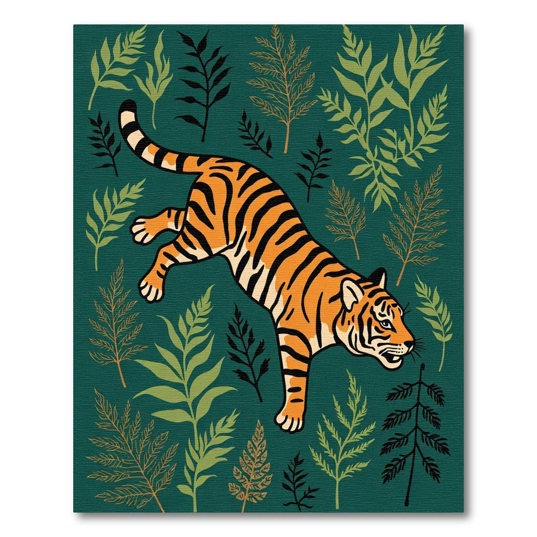 Mischievous Tiger Jungle Leaf Emerald Rug