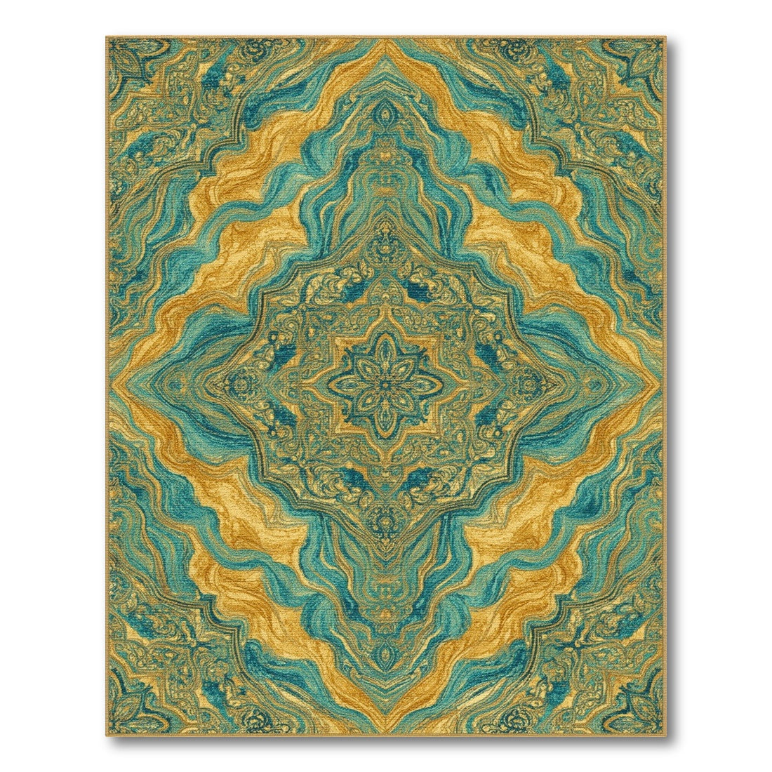 Gold Teal Gold Persian Medallion Area Rug