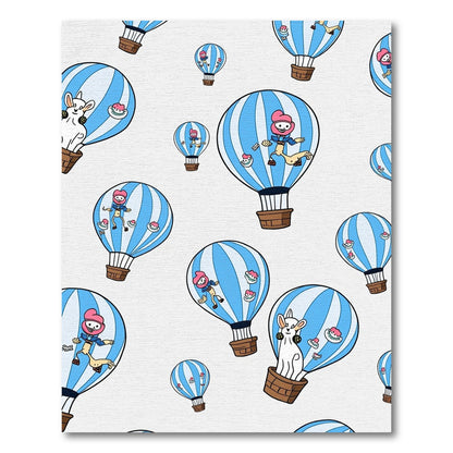 Whimsical Blue Striped Hot Air Balloons Rug