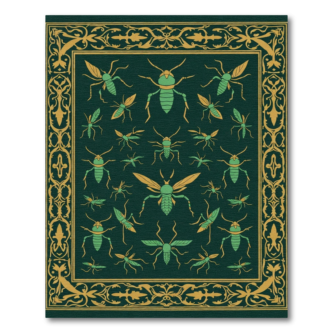 Green and Gold Insect Collage Border Rug