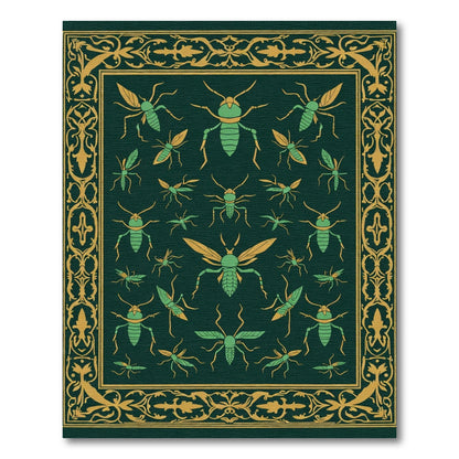 Green and Gold Insect Collage Border Rug