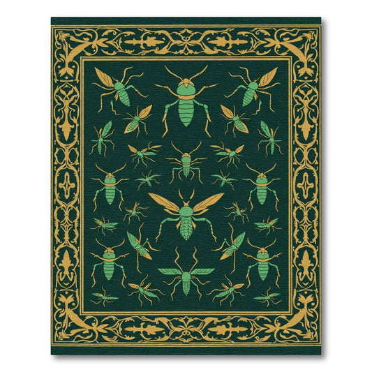 Green and Gold Insect Collage Border Rug