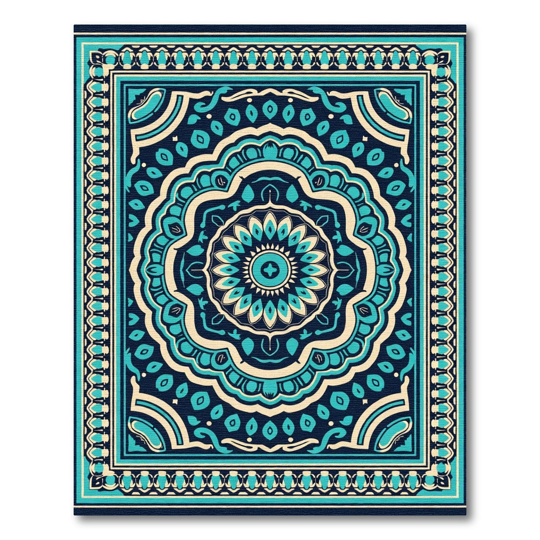 Teal Navy Cream Symmetrical Mandala Rug