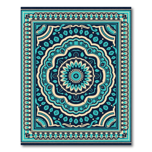 Teal Navy Cream Symmetrical Mandala Rug