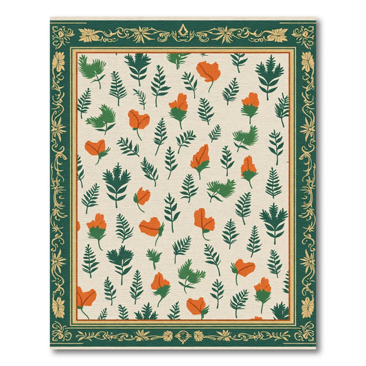 Orange Blossom Green Leaf Pattern Rug