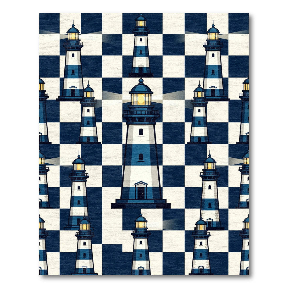 Nautical Blue White Lighthouse Chessboard Rug