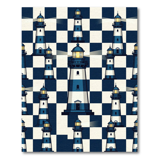 Nautical Blue White Lighthouse Chessboard Rug