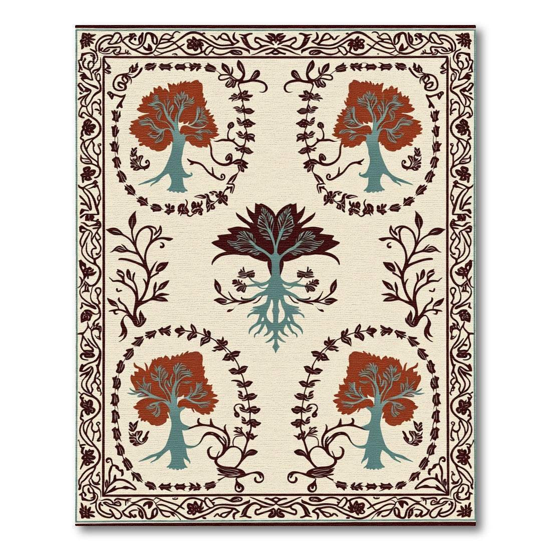 Crimson Woodland Tree Border Rug