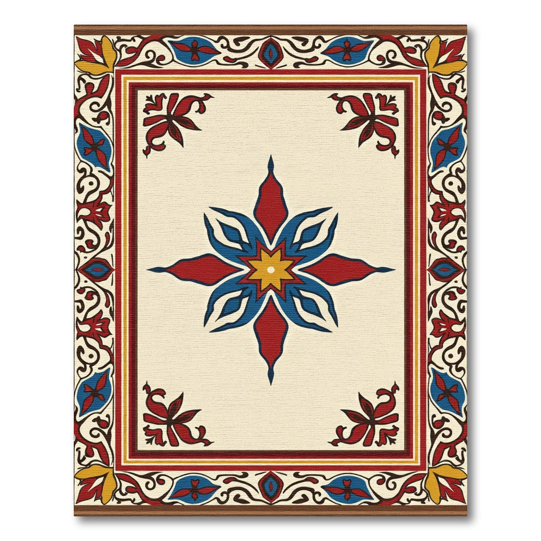 Bold Crimson Blue Eight-Pointed Star Border Rug