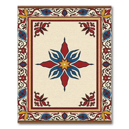 Bold Crimson Blue Eight-Pointed Star Border Rug