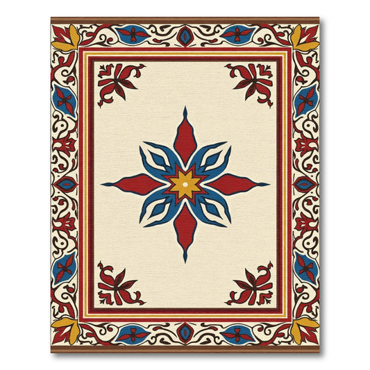 Bold Crimson Blue Eight-Pointed Star Border Rug