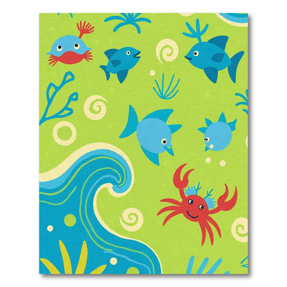 Playful Blue Fish Red Crab Ocean Waves Rug