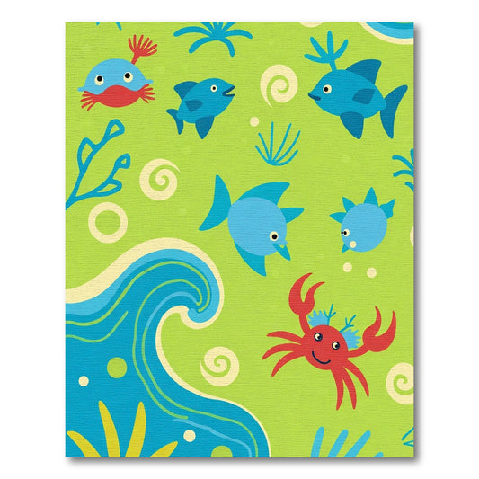 Playful Blue Fish Red Crab Ocean Waves Rug