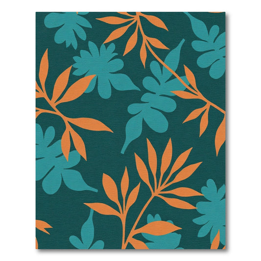 Orange Teal Tropical Leaf Foliage Rug
