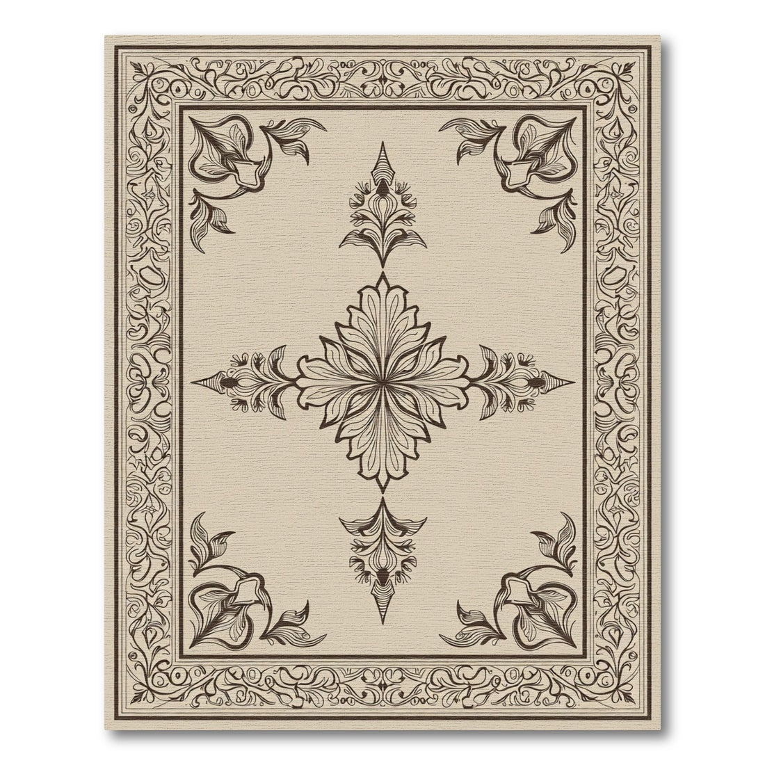Ornate Beige Floral Medallion Border Rug