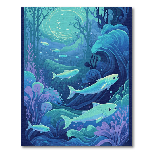 Deep Blue Aquatic Schooling Fish Rug