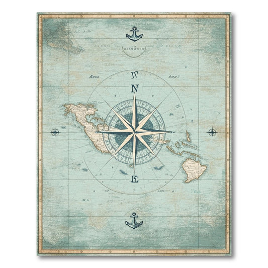 Distressed Vintage Nautical Compass Map Area Rug