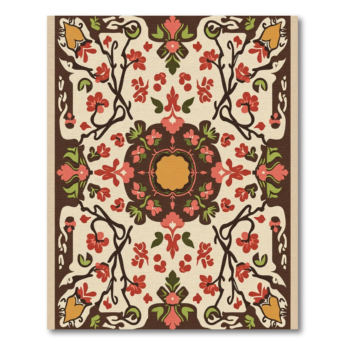Red Brown Floral Vine Medallion Rug